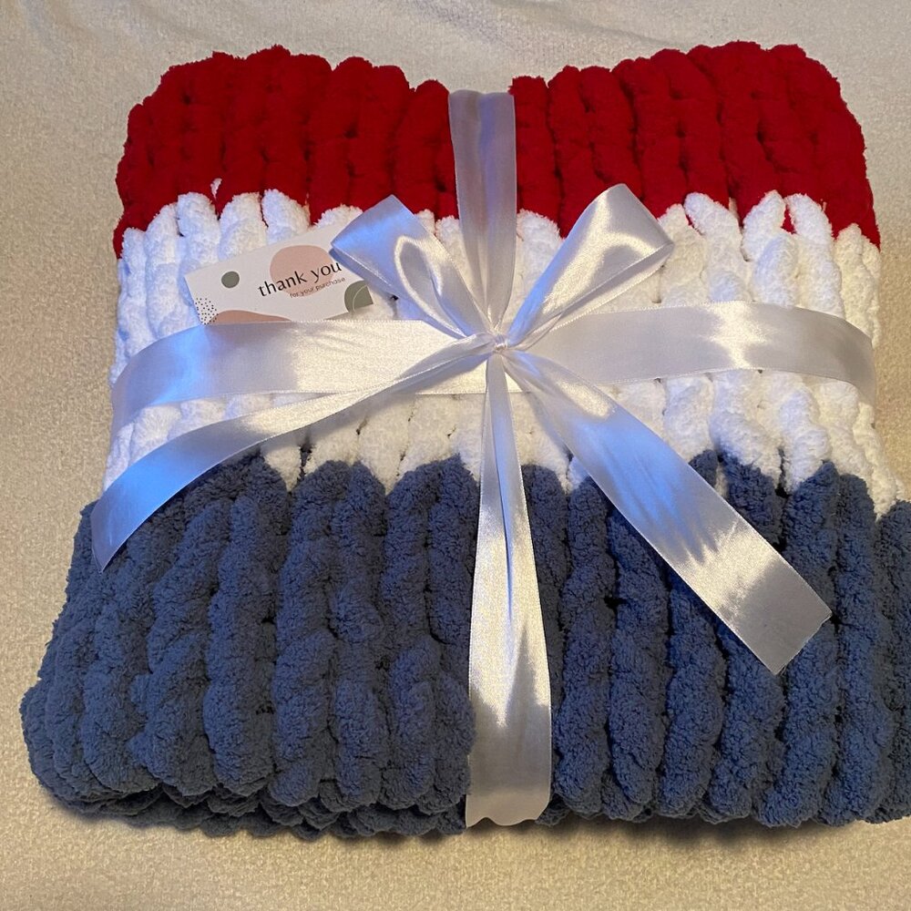 Cozy Soft Handknit Throw Blanket - Red White and Blue